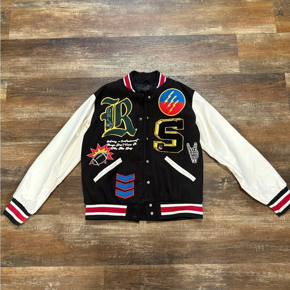 Black and White Varsity Jacket with Patches